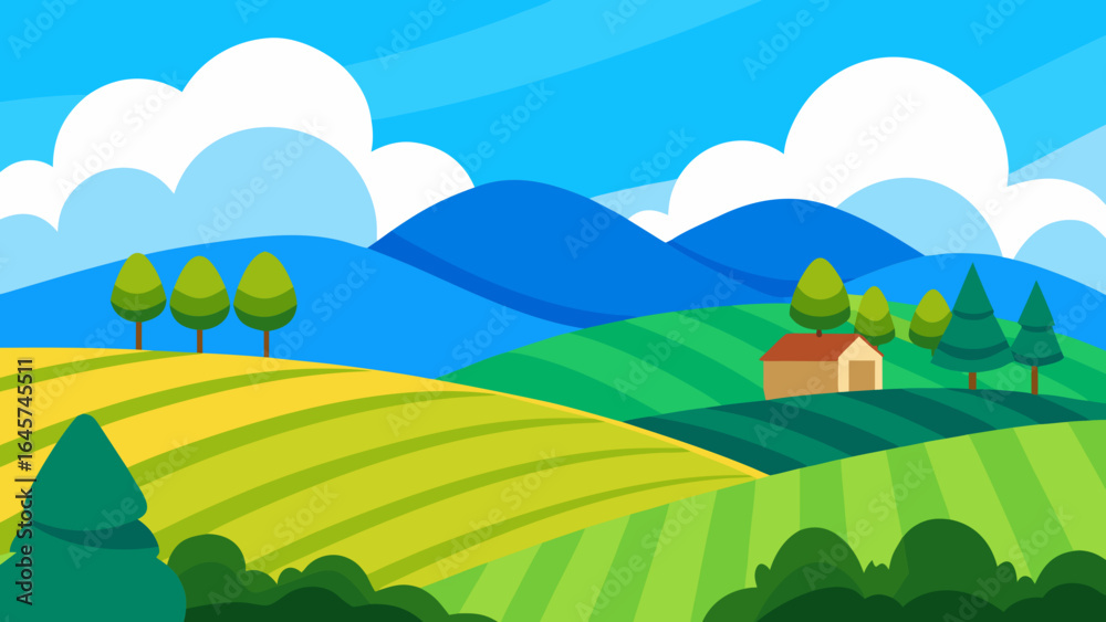 Obraz premium Scenic Hills and Farmlands with Blue Cloudy Sky and Scattered Trees