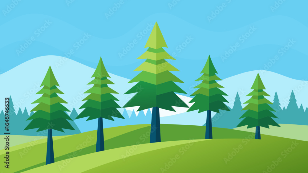 Fototapeta premium Lush Pine Trees on Grassy Slopes Under Light Blue Sky Backdrop