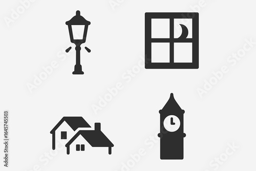 Twilight urban icons set – cityscape at dusk, evening skyline, modern nightlife symbols, simple line style