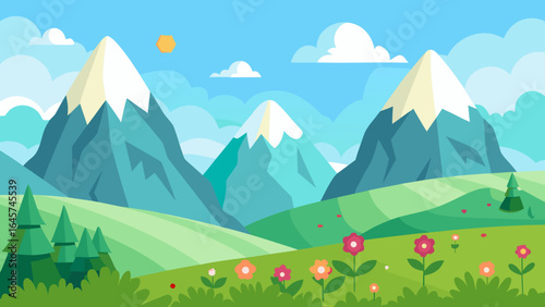 Whimsical Cartoon Mountains with Flower Filled Meadow in Foreground