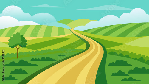Charming Curved Countryside Road with Green Fields on Both Sides