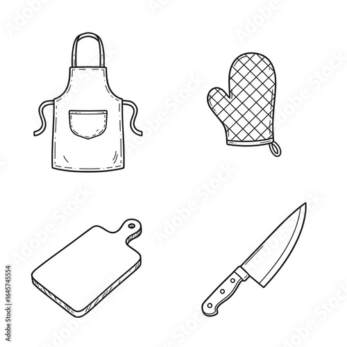 Collection of Soup season-themed icons, including apron, oven mitt, cutting board, knife  