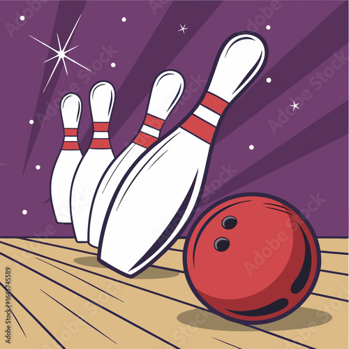 Retro Bowling Ball Striking Pins on Lane.