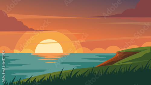 Breathtaking Sunset Over Calm Ocean Viewed from Grassy Hilltop Vista