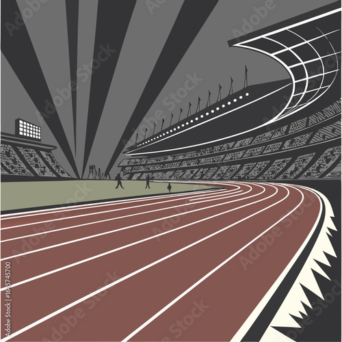 Retro Style Stadium Running Track with Crowd.