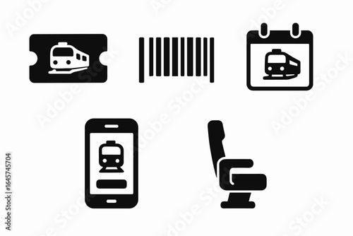 Train ticket icons set – railway travel, passenger booking, transportation pass, simple line style