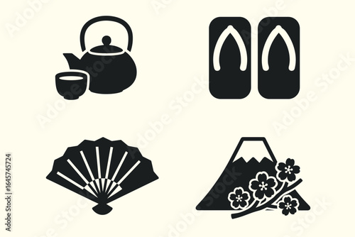 Traditional Japanese icons set – cultural heritage, classic symbols of Japan, art and lifestyle elements, simple line style