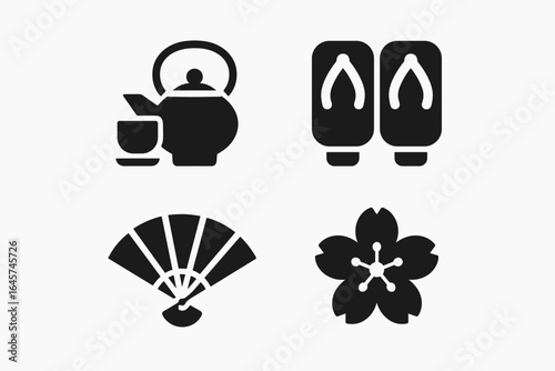 Traditional Japanese icons set – cultural heritage, classic symbols of Japan, art and lifestyle elements, simple line style