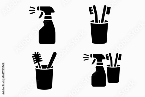 Toothbrush holder cleaning icons set – bathroom hygiene, oral care maintenance, sanitation routine, simple line style
