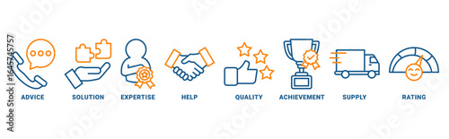 Customer Service icon set vector concept with icon of help, expertise, solution, advice, supply, reliability, quality, rating 