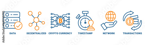 Blockchain icon set vector concept with icon of data, decentralized, crypto currency, timestamp, network, transactions 