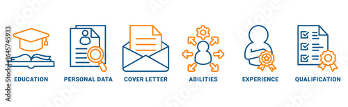 Curriculum Vitae icon set vector concept with icon of education, personal data, cover letter, abilities, experience, qualifications 
