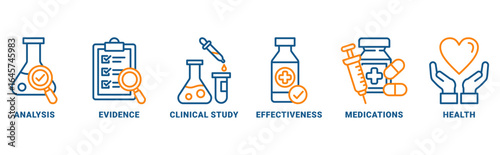 Clinical research icon set vector concept with icon of analysis, evidence, clinical study, effectiveness, medications, health 