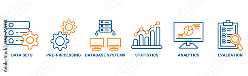 Data mining icon set vector concept with icon of data sets, pre-processing, database systems, statistics, analytics and evaluation 