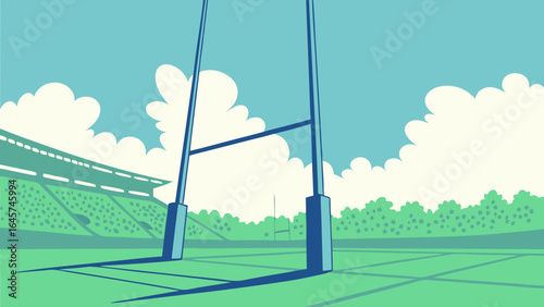 Rugby Goalposts in Stadium Setting under a Sunny Sky.