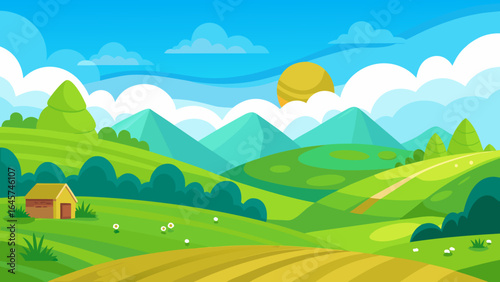 Charming Cartoon Countryside Scene with Rolling Green Hills and Sunny Skies
