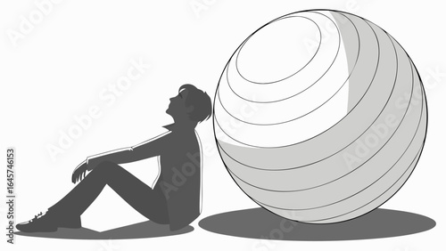 Silhouette of a Person Resting Beside a Large Exercise Ball.