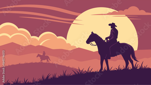 Silhouette of Cowboy Riding Horse at Sunset.