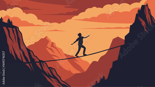 Silhouette of Person Tightrope Walking Over Mountains at Sunset.
