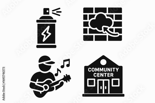 Urban culture icons set – street lifestyle, modern city trends, youth expression, simple line style