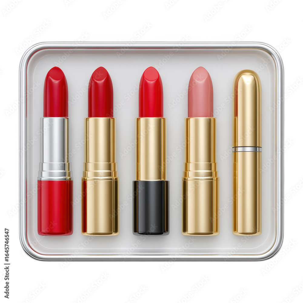 Obraz premium Attractive Collection of Red and Pink Lipsticks in Elegant Packaging for Makeup Enthusiasts and Beauty Lovers