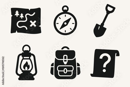 Treasure hunt essentials icons set – adventure quest, pirate map, hidden treasure symbols, simple line style