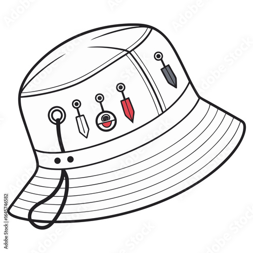 Stylish minimal vector of a fishing hat decorated with lures and badges, perfect for fishing club merchandise, outdoor apparel designs, and sport fishing branding.