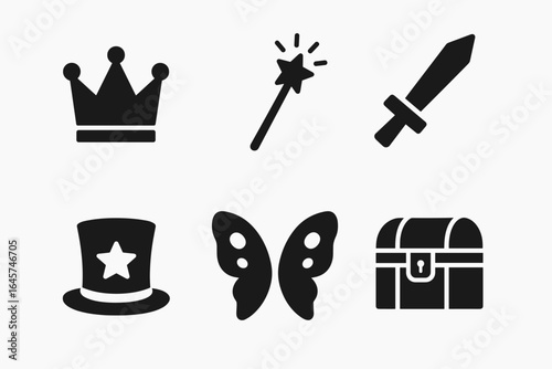 Kids' theatrical props icons set – children’s drama accessories, stage performance tools, creative play items, simple line style