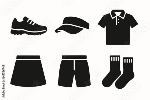 Tennis attire icons set – sportswear collection, athletic clothing, player outfit essentials, simple line style
