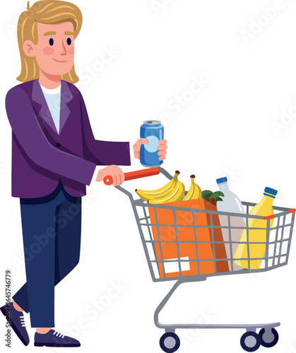 Person shopping with grocery cart filled with fruits drinks and food items vector illustration 