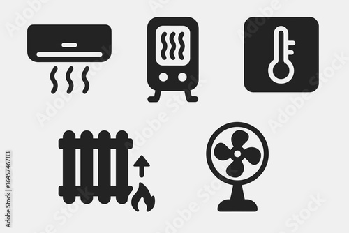 Temperature control icons set – climate regulation, heating and cooling systems, thermostat management, simple line style