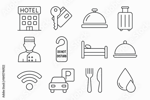 Hotel icon collection – hospitality services, travel accommodation, tourism facilities, simple line style