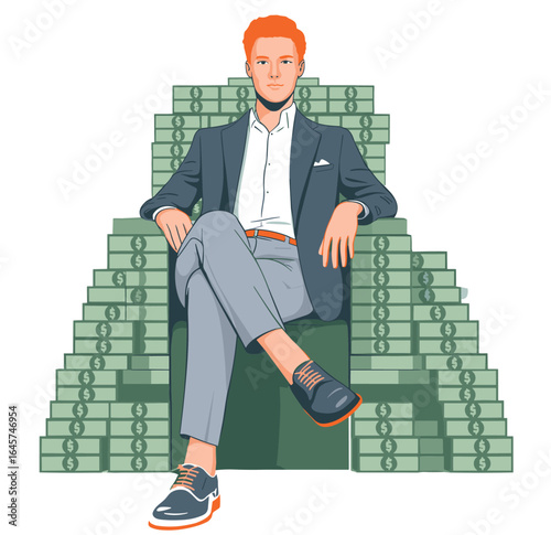 Successful businessman sitting on money throne, rich entrepreneur, wealth and finance concept, luxury lifestyle, financial freedom, investment success, millionaire mindset