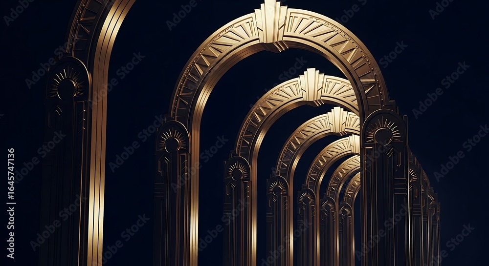 Obraz premium Golden arches shimmering in a dark room evoke grandeur and architectural marvel with a luxurious