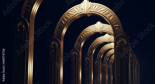 Golden arches shimmering in a dark room evoke grandeur and architectural marvel with a luxurious