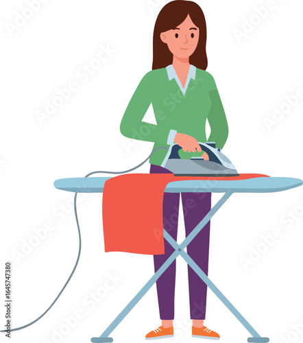 Woman ironing clothes on ironing board indoor household chore vector illustration 