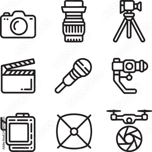 Camera lens microphone tripod clapperboard gimbal drone aperture vector