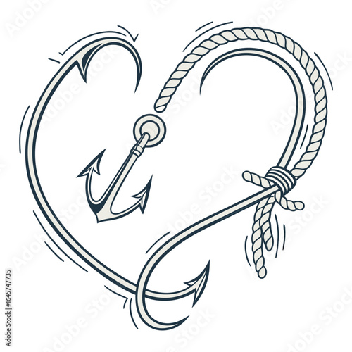 Creative minimal line art of fishing hooks forming a heart shape, perfect for fishing club logos, romantic fishing designs, and outdoor lifestyle branding.