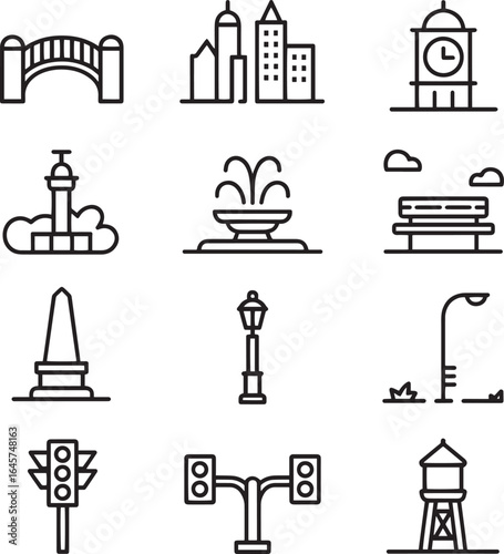 Cityscape elements including bridge buildings clock tower fountain bench obelisk lamppost traffic lights and