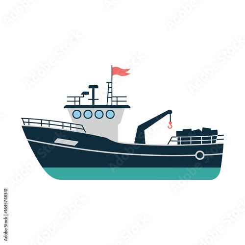 Illustration of a fishing trawler with crane and red flag on white background