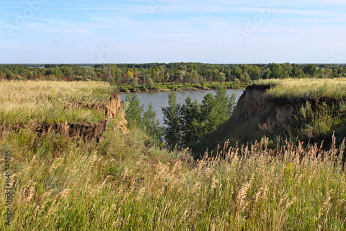 Summer landscape. Steep river bank with a ravine