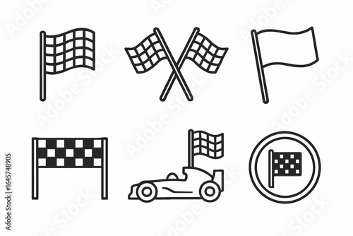 Motorsports icon set – racing symbols, automotive competition, speed and performance, simple line style