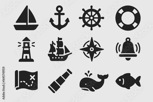 Marine icon collection – nautical symbols, sea navigation, ocean life, maritime equipment, simple line style