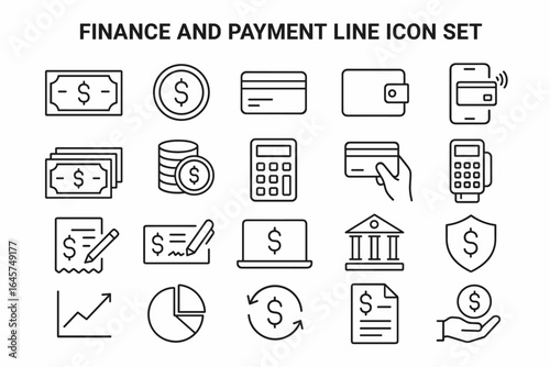 Finance icons set – banking, investment, money management, financial services, simple line style
