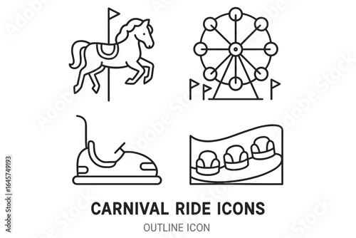 Carnival ride icons set – amusement park attractions, fairground fun, festival entertainment, simple line style