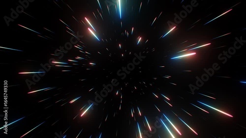 Space travel with warp speed, hyper space or faster than light background effect looking head on, side and looking back turn. Camera turning 180 degrees around an invisible spaceship - 3D illustration
