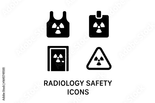 Radiology safety icons set – medical imaging protection, radiation awareness, healthcare symbols, simple line style