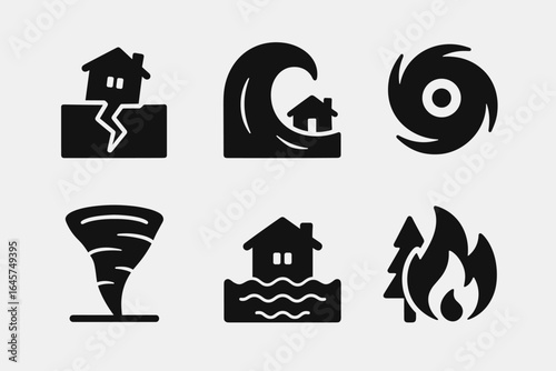 Natural disaster icons set – emergency hazards, environmental catastrophes, climate risks, simple line style