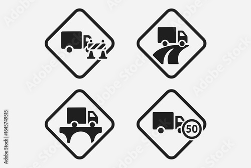 Truck road icons set – transportation routes, cargo delivery, logistics network, simple line style