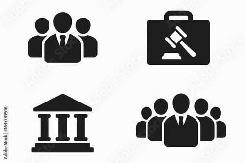 Legal team icons set – law firm, justice system, legal services, teamwork concept, simple line style